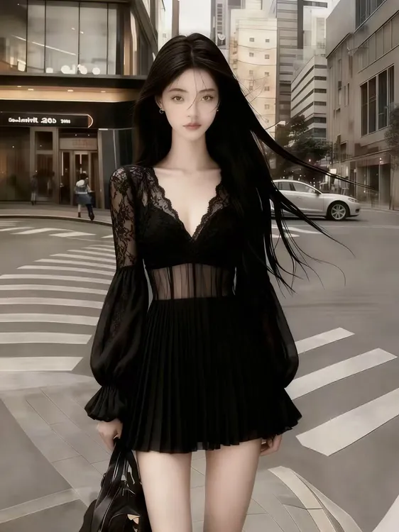 秋冬季新款氛围感轻熟御姐风黑色V领拼接蕾丝高腰长袖百褶连衣裙