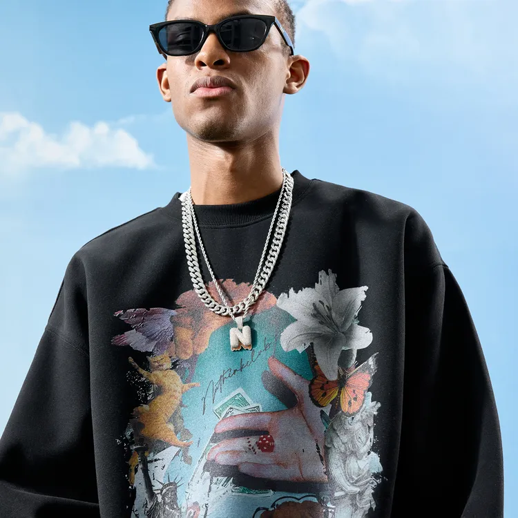 Nuthink美式潮牌小猫花卉蝴蝶涂鸦印花圆领卫衣男女2025秋季新款