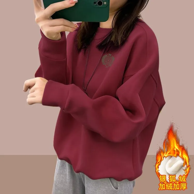 棉 圆领卫衣女秋冬季2025新款加绒加厚宽松懒惰风打底春秋ins潮