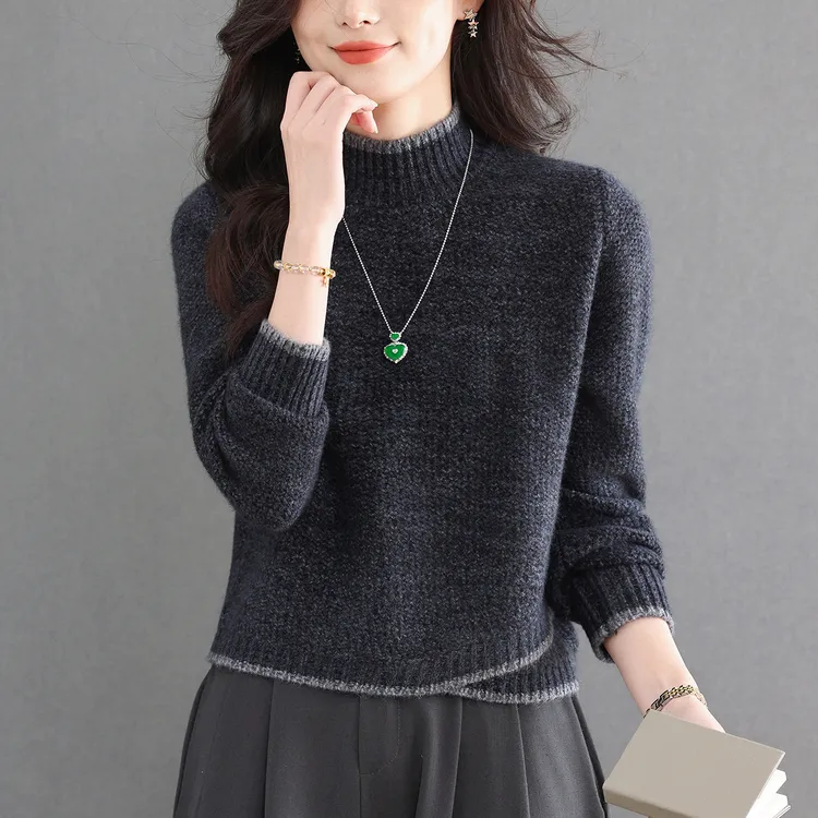 冬季新款半高领花线针织打底衫女短款拼色宽松毛衣新款潮牌女装