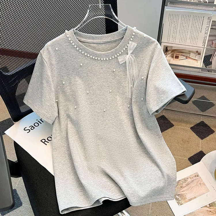 2025新款设计感小众重工订珠韩系圆领T恤女夏季百搭气质短袖上衣