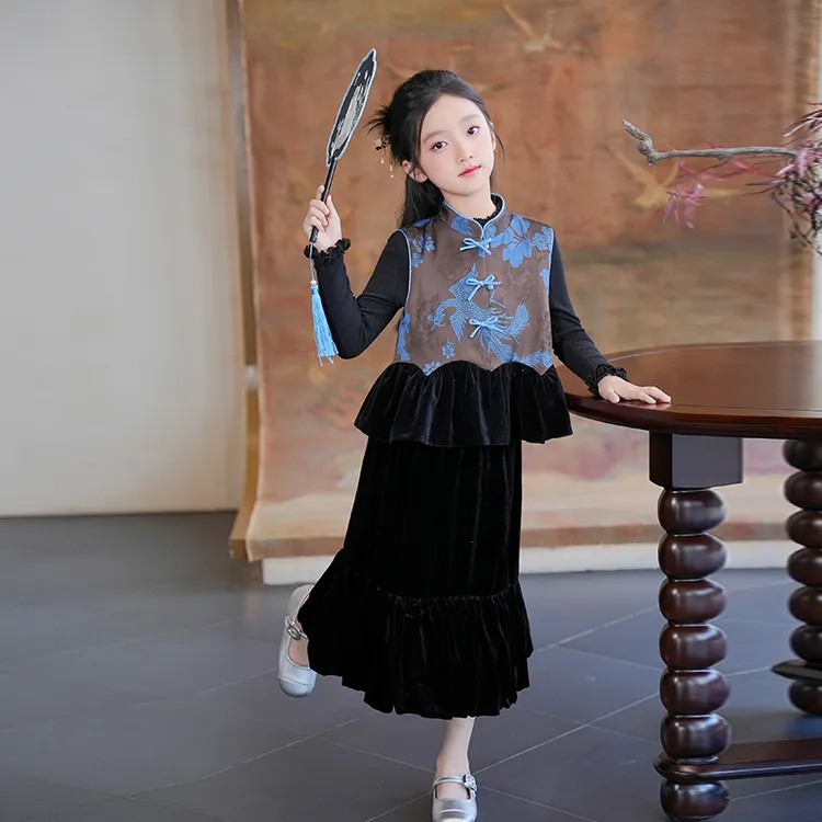 53926汉服女童套装马甲国风新中式国风2025秋季新款儿童古风唐装