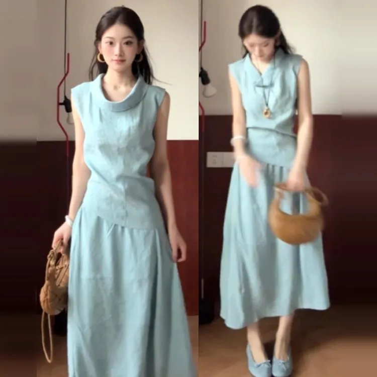 【现货+运补】高级感蓝色荡领连衣裙子女夏气质穿搭无袖套装裙3626