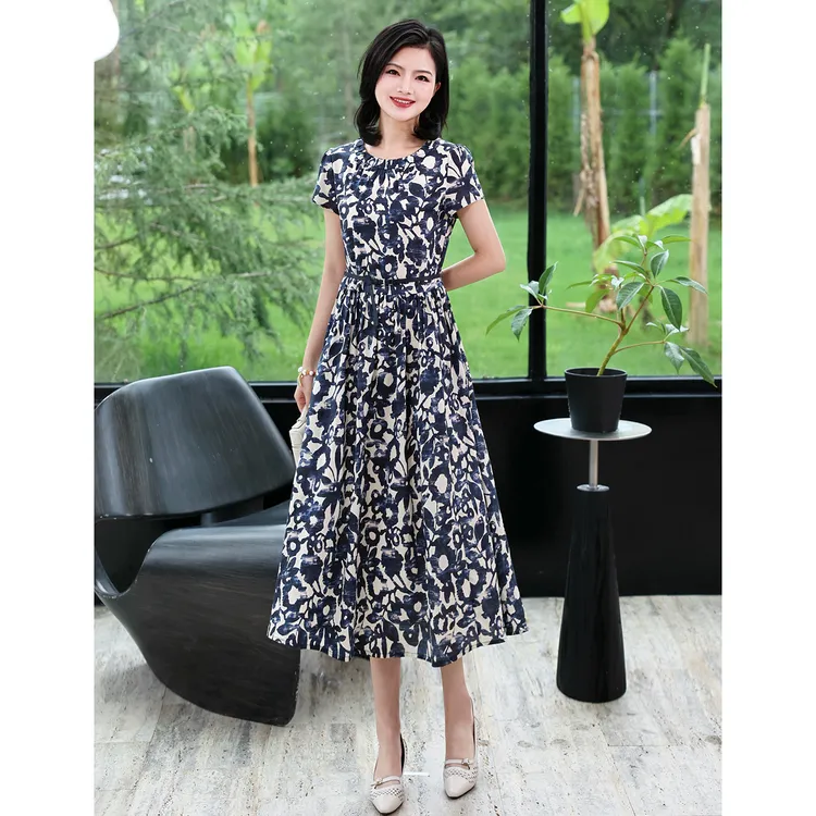 枫竺阿楠anan圆领知性优雅法式短袖碎花收腰女夏季中长过膝连衣裙