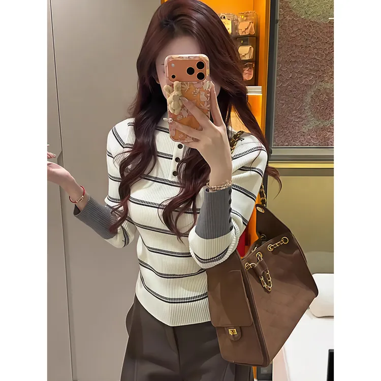 立领修身显瘦拼接撞色条纹半高领针织衫上衣女秋新款时尚洋气打底