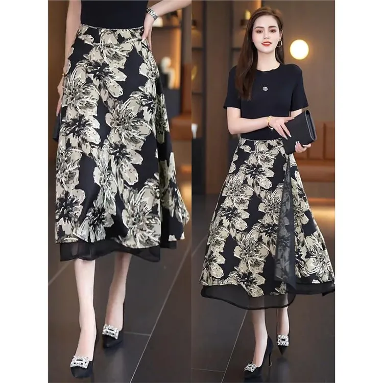 拉夏贝尔扎染水墨花半身裙女夏季2025新款高腰垂坠感显瘦宽松伞裙