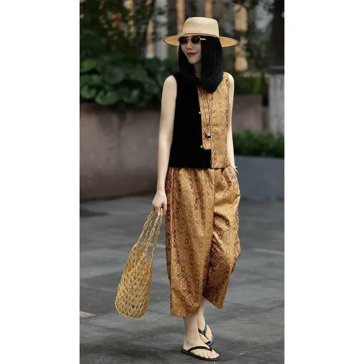 新中式女装夏季人丝蜀锦提花丝绒拼接设计感背心八分裤套装两件套