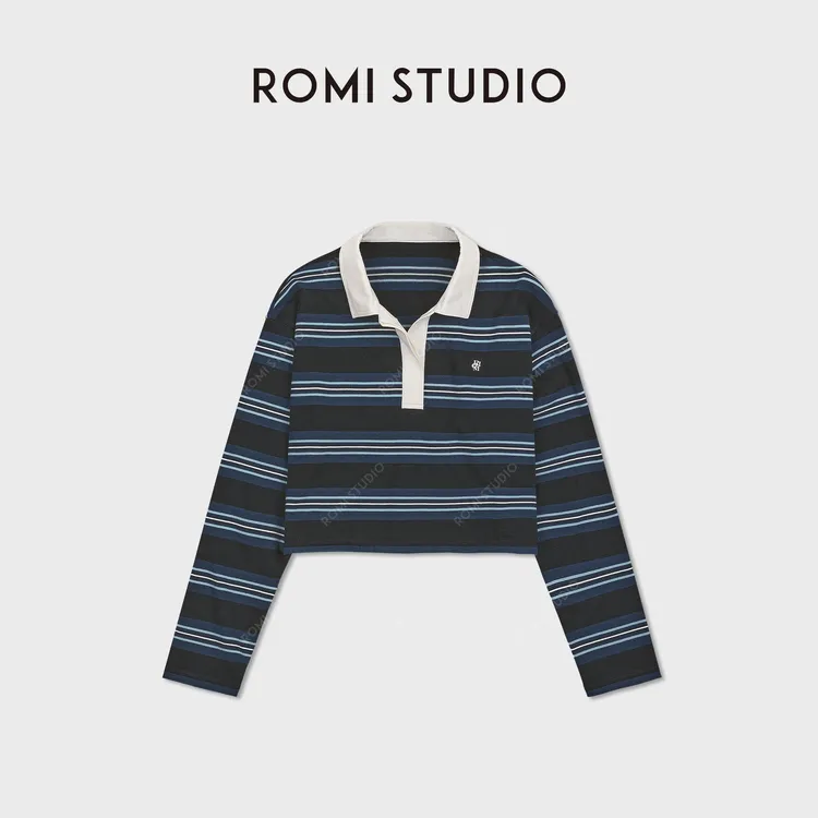 ROMI STUDIO“经典polo”简约全棉撞色蓝白条纹长袖T恤 RWDSSE1641