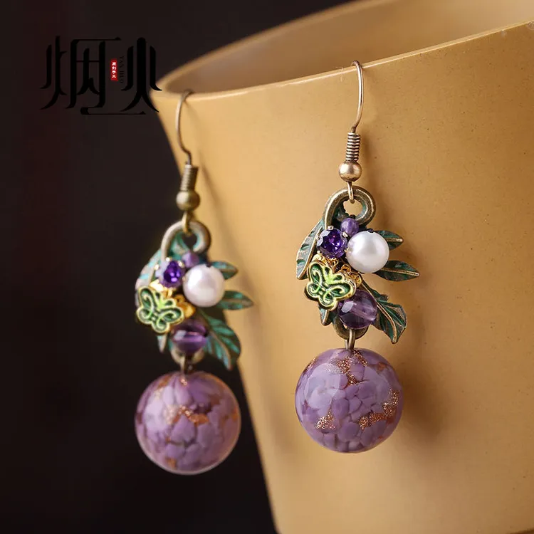 铜合金耳饰 耳坠女复古风无耳洞耳坠民族风手工紫色耳环七彩