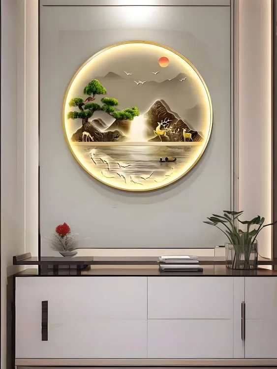 九鱼聚福新中式圆形装饰画入户门走廊过道流水生财背景墙壁画挂画