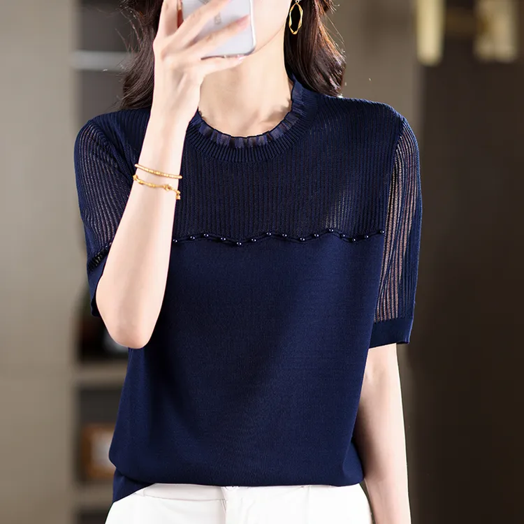 宽松大码蕾丝短袖t恤女镂空薄款夏季冰丝上衣遮肚子针织衫时尚