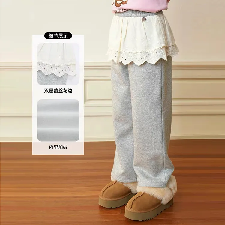 女童防风阔腿花边裤