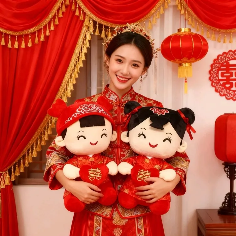 压床娃娃一对结婚婚礼新款高档婚房新娘礼物红色喜字陪嫁婚庆公仔