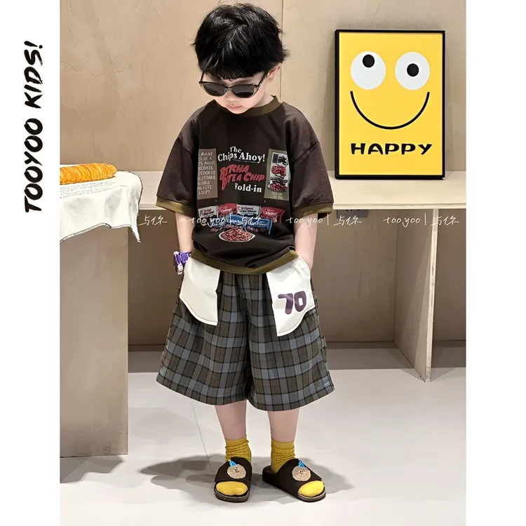 儿童童装套装2025夏款夏季新款男童韩版复古森系短袖格子裤两件套