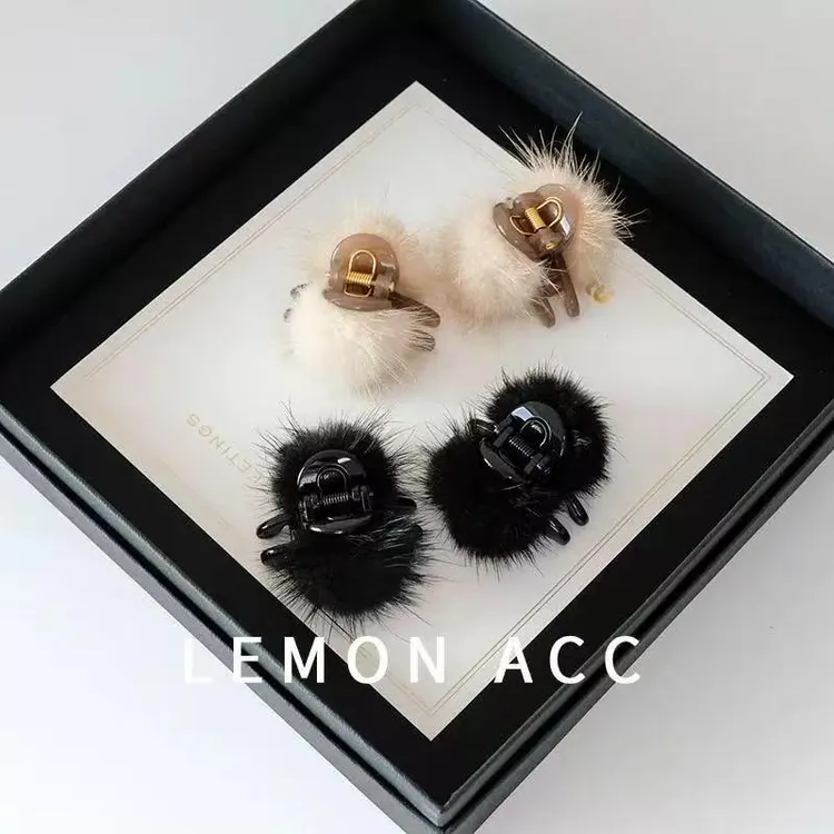 秋冬新款水貂毛发夹少女风公主头毛毛夹子网红毛球简约迷你小抓夹