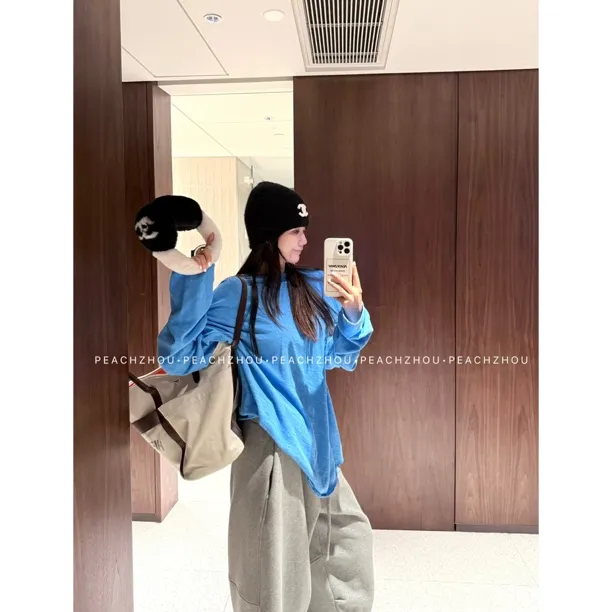 PEACHZHOU 实穿主义2.0洗水松弛双层散边领口宽松圆领打底长袖T恤