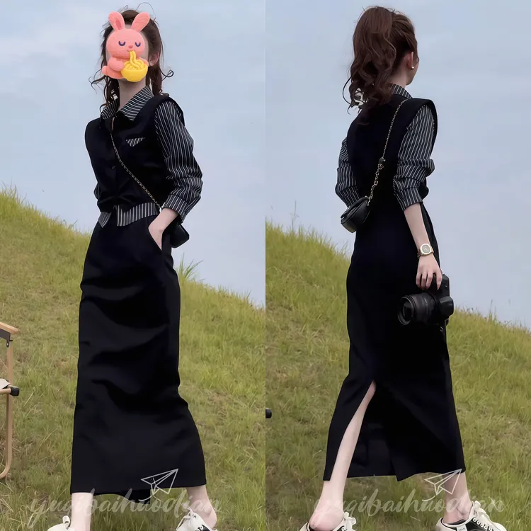 2025秋季新款女设计感假两件条纹拼接上衣高腰显瘦开叉半身裙套装