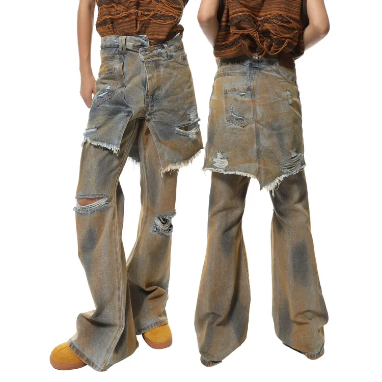 美式废土风做旧做脏拼接假两件裙摆牛仔裤破坏破洞微喇乞丐裤长裤