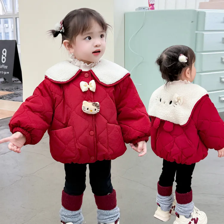 女童冬季加绒外套女宝宝加绒加棉喜庆棉衣中小童可爱洋气外穿上衣