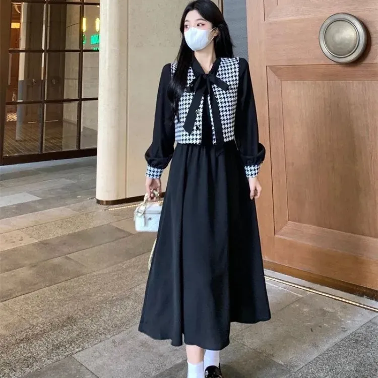 大码马甲两件套女秋冬新款胖mm气质连衣裙时尚减龄收腰打底裙套装