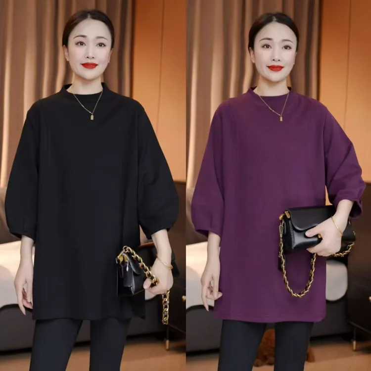 早秋新款 褶皱袖口时尚气质半高领七分袖宽松T恤气质遮肉百搭上衣