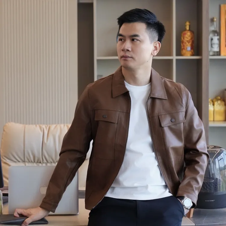 【恒贝】商务休闲时尚百搭秋冬翻领耐磨机车皮夹克男款美式皮衣外套
