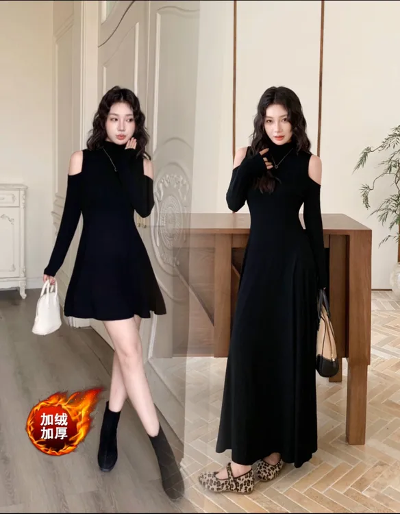秋冬设计感辣妹修身露肩长袖连衣裙女性感纯黑色半高领收腰显瘦A