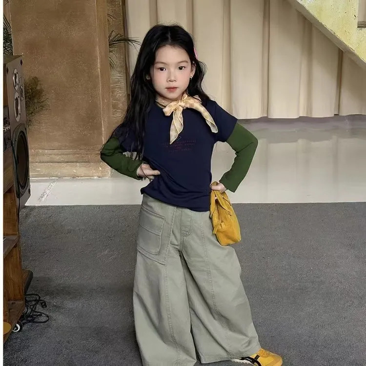 青野漫步~女童套装2025秋季新款韩版假两件长袖时髦圆领上衣裤子