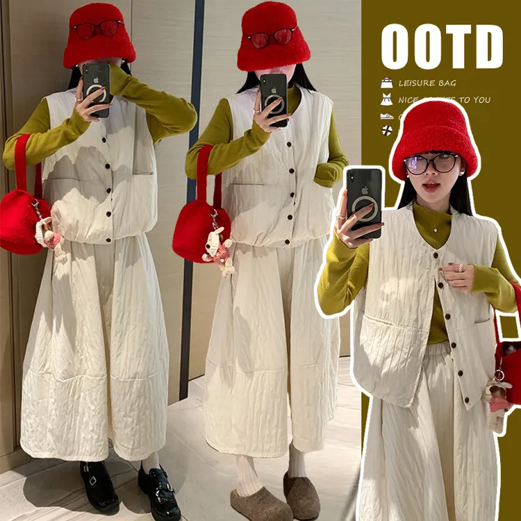 孕妇装2025秋冬季节韩系慵懒无袖马甲搭配半身裙套装针织打底三件