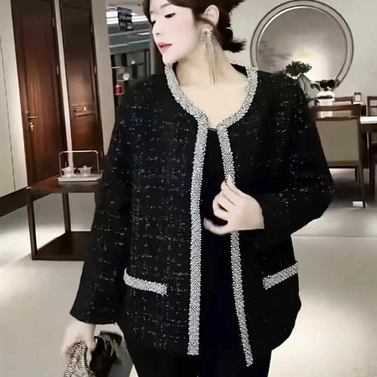 春秋新款大码女装时尚气质亮丝编织重工订珠洋气香风上衣外套