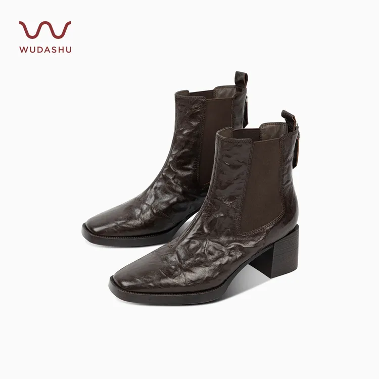 穿高跟鞋的吴大叔【静音】方头粗跟短靴女靴英伦风切尔西靴