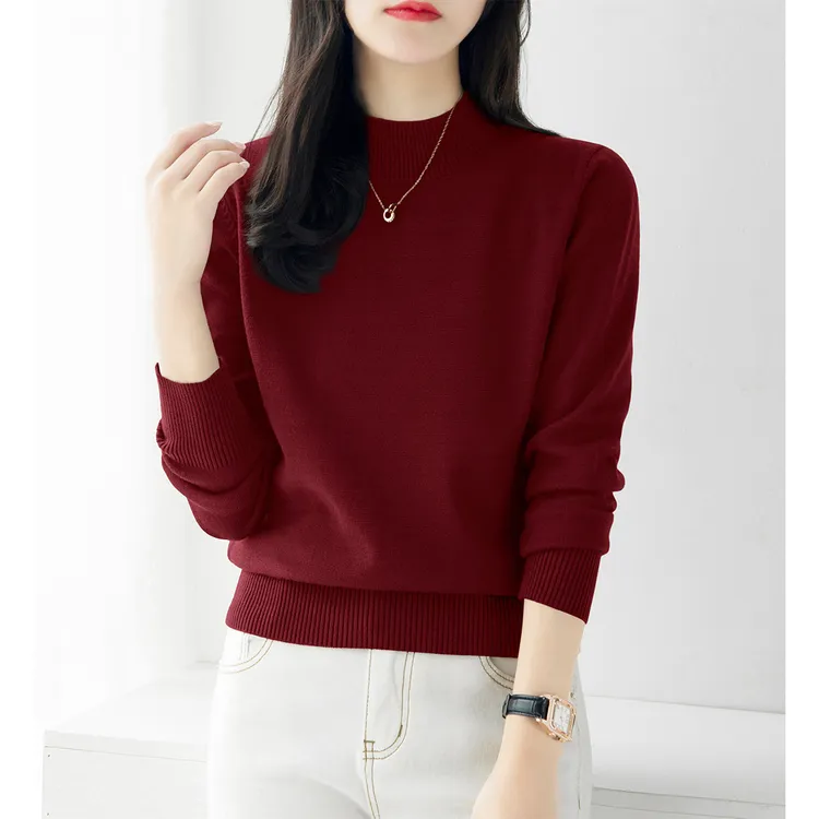 2025秋冬季新款酒红色宽松长袖针织衫半高领加厚款打底上衣毛衣女