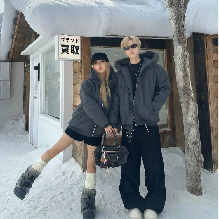 情侣装冬季复古美式毛呢棉服大毛领加厚仿免毛连帽外套