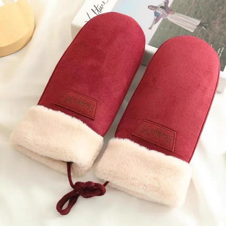 闷子手套男女冬季可爱挂脖麂皮绒加绒加厚保暖防风骑车连指棉手套