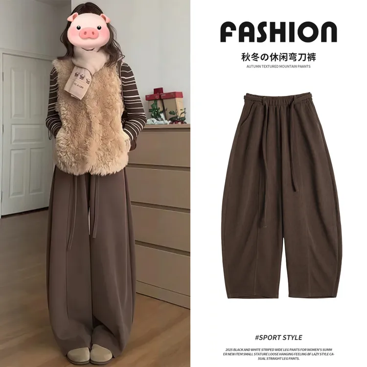 棕色弯刀裤女2025新款秋冬加绒加厚直筒休闲小个子灯芯绒阔腿裤子