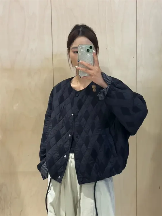 欧货菱形格圆领短外套女秋季25新款宽松显瘦格子拼接袖口夹克上衣