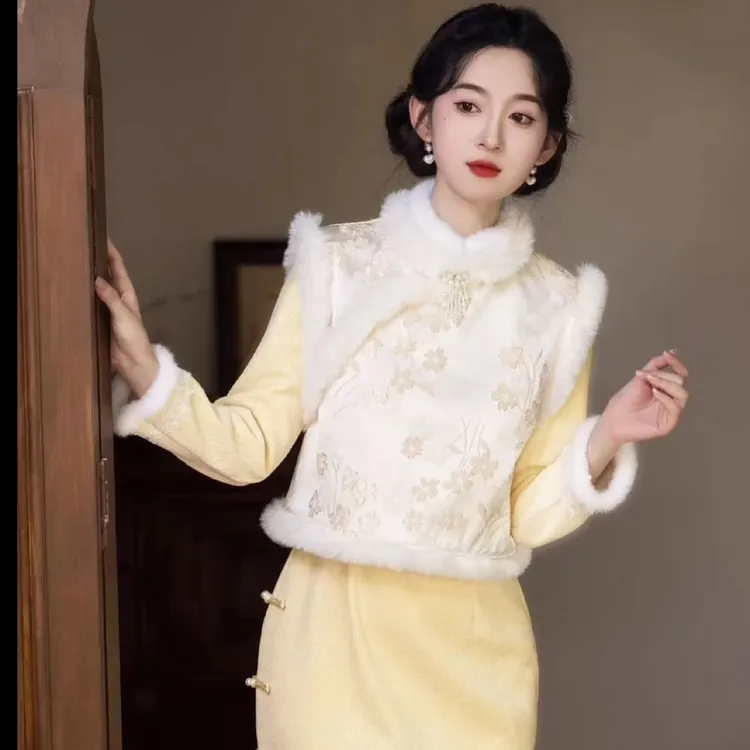 秀懿旗袍丨玉兰）120加绒鹅黄色冬款显瘦新中式旗袍加马甲百穿