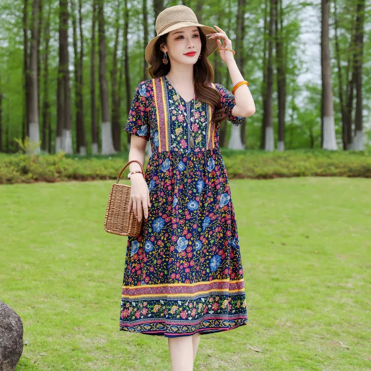 碎花棉绸中长裙夏季中老年V领连衣裙女过膝时尚大码气质洋气夏装
