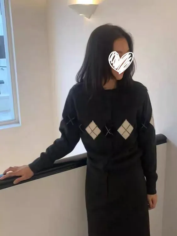 XUANYAN瑄颜秋冬季新款韩系宽松菱格纹圆领针织开衫毛衣9149