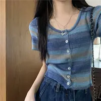 丽001到200  R  默认微瑕NO退换短袖上衣女夏季法式条纹