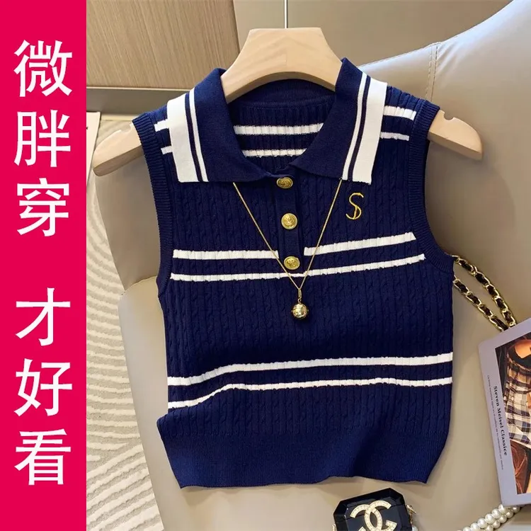 大码Polo领无袖背心女内搭打底针织学院风胖mm显瘦吊带外穿上衣夏