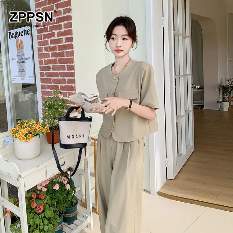 ZPPSN~卡其色短袖御姐风西装套装女夏2025新款气质时尚休闲阔腿裤