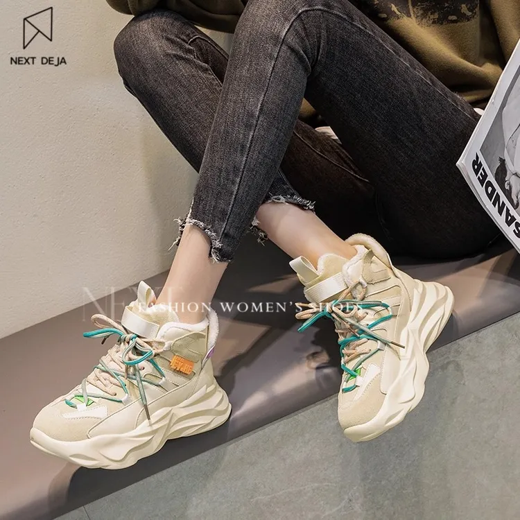 欧洲站老爹鞋女加绒2025秋冬新款高帮厚底运动休闲鞋真皮大码棉鞋
