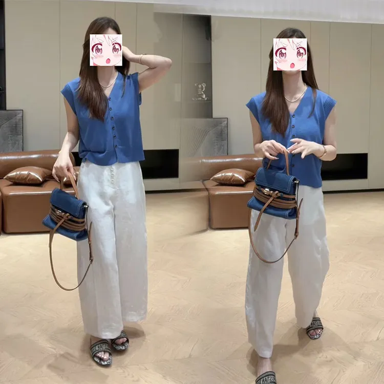 温柔淑女套装百搭单排扣直筒休闲裤子V领显瘦飞袖针织衫夏季套装