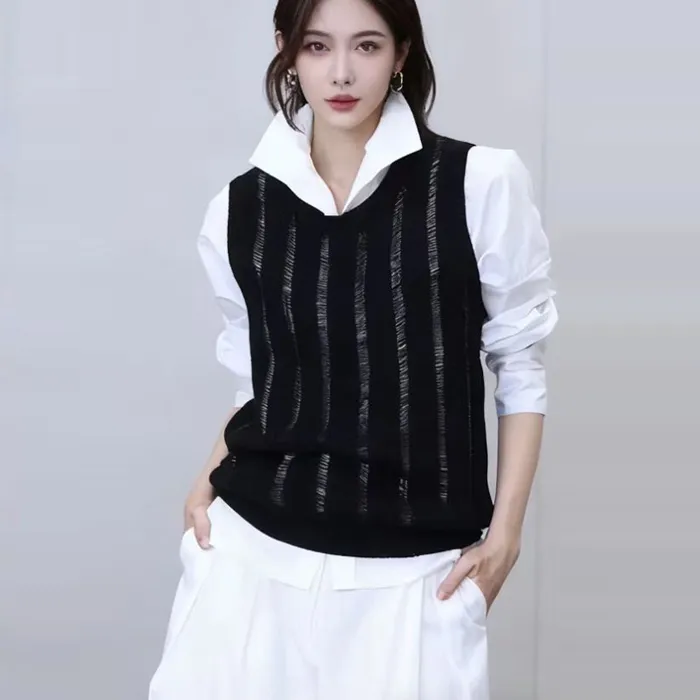 镂空时尚马甲背心无袖叠穿针织上衣套头背心可外穿老钱风休闲马甲