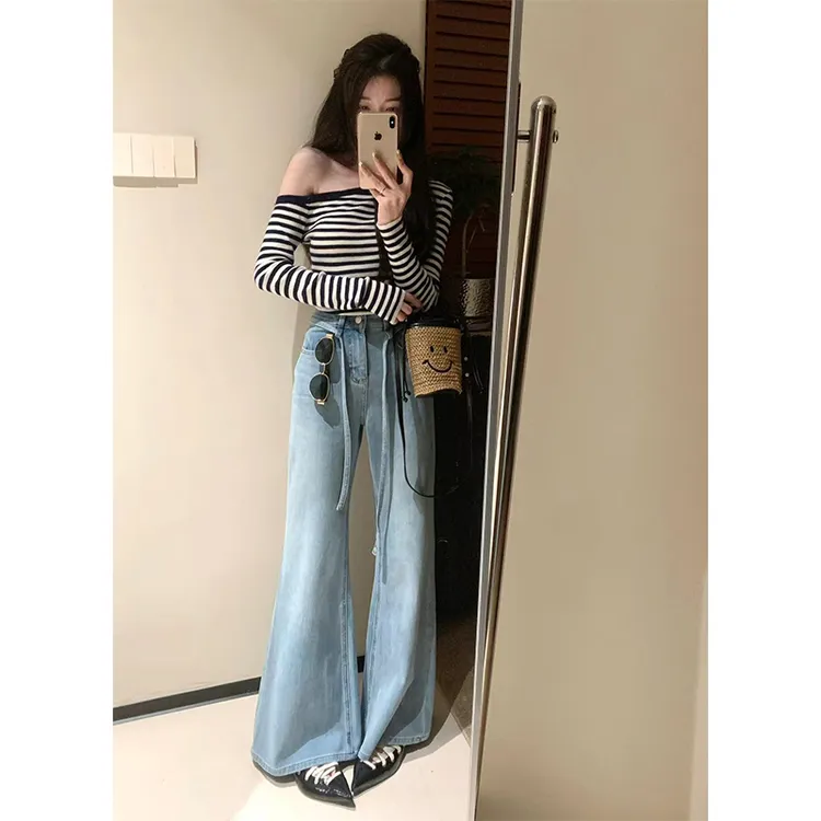 纯欲风性感条纹斜肩长袖上衣女2025春季新款高腰直筒牛仔长裤套装