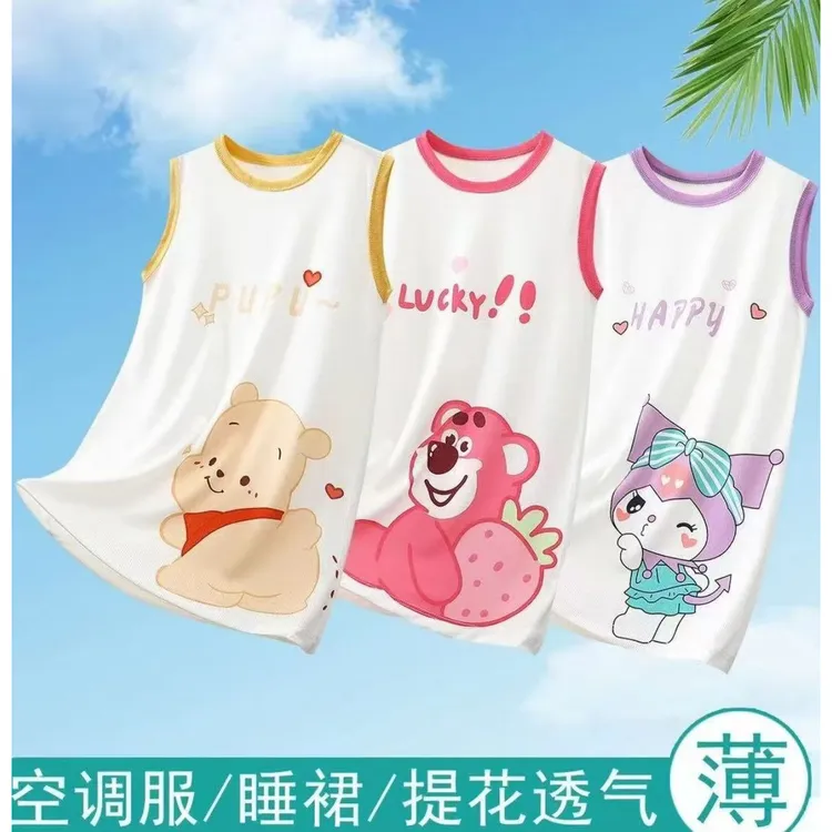 Q吸湿排汗儿童居家透气简约睡裙女童无袖家居服夏装外穿睡裙薄款