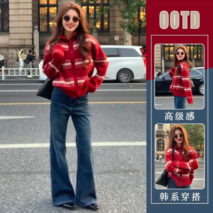 冬季氛围感圣诞红条纹翻领毛衣女单排多扣翻领长袖慵懒辣妹风上衣