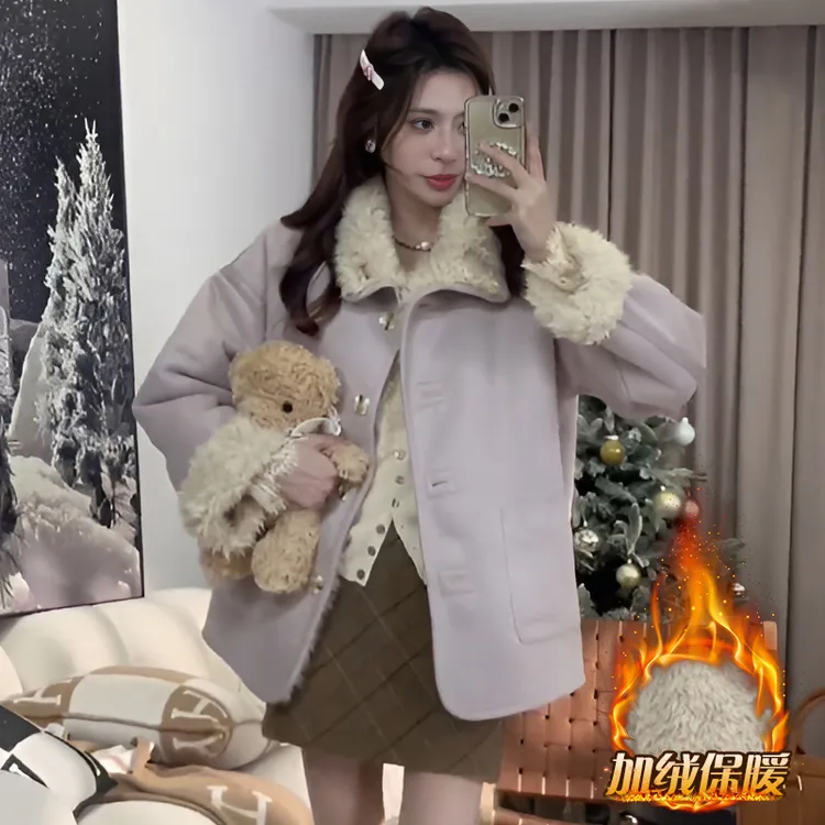 复古气质皮毛一体外套女冬季独特时尚新款高级加绒杭锦绸双面外套