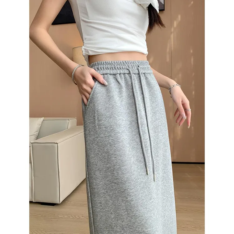 灰色后开叉半身裙女2025夏季中长款直筒修身包臀裙休闲运动卫裙